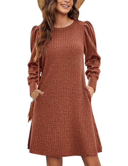 Y2K autumn and winter women's crew neck solid color sweater bubble sleeve fashion commuter dress comfortable casual loose dress