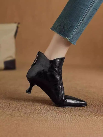 Elegant with Medium Heels Booties Autumn Winter Fleece-Lined Female Short Shoes Pointed Toe Leather Chelsea Women's Ankle Boots