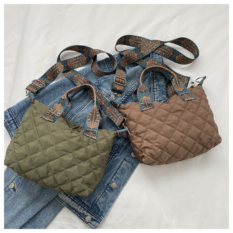 Women Wide Shoulder Belt Handbag Fall/Winter Rhombus Space Cotton Shoulder Bag Large Capacity All-Match Shopping Tote Bag
