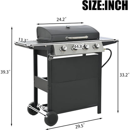 4 Burner BBQ Propane Gas Grill, Free Standing Grill Cart with Wheels, Stainless Steel Heavy Duty Cabinet Style, Outdoor Grill