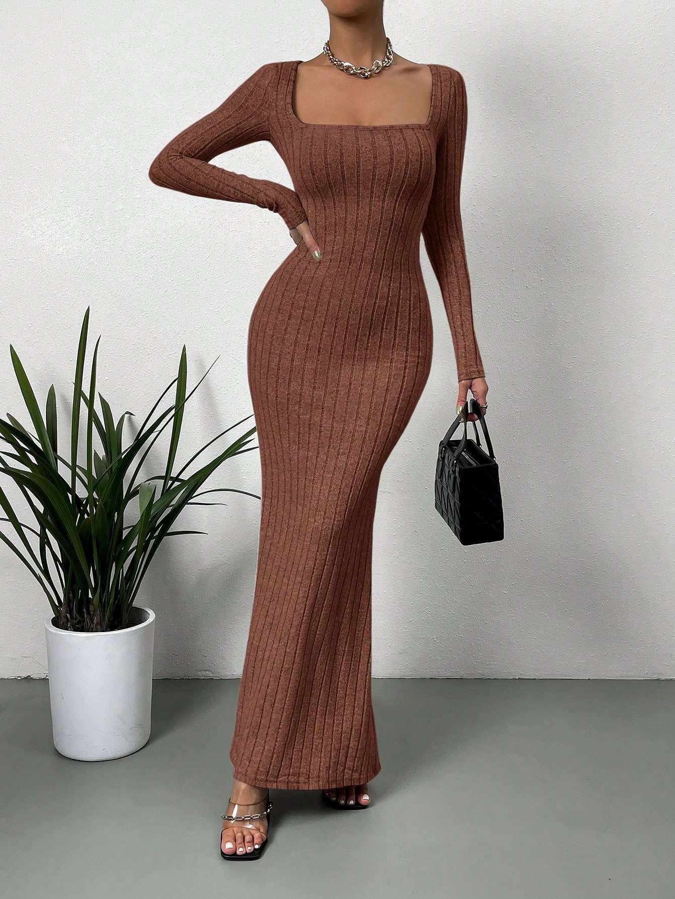 Women's Sexy Square Neck Mid-Length Knitted Dress Slim Fit Retro Long-Sleeved Wrap Hip Robe for Fall