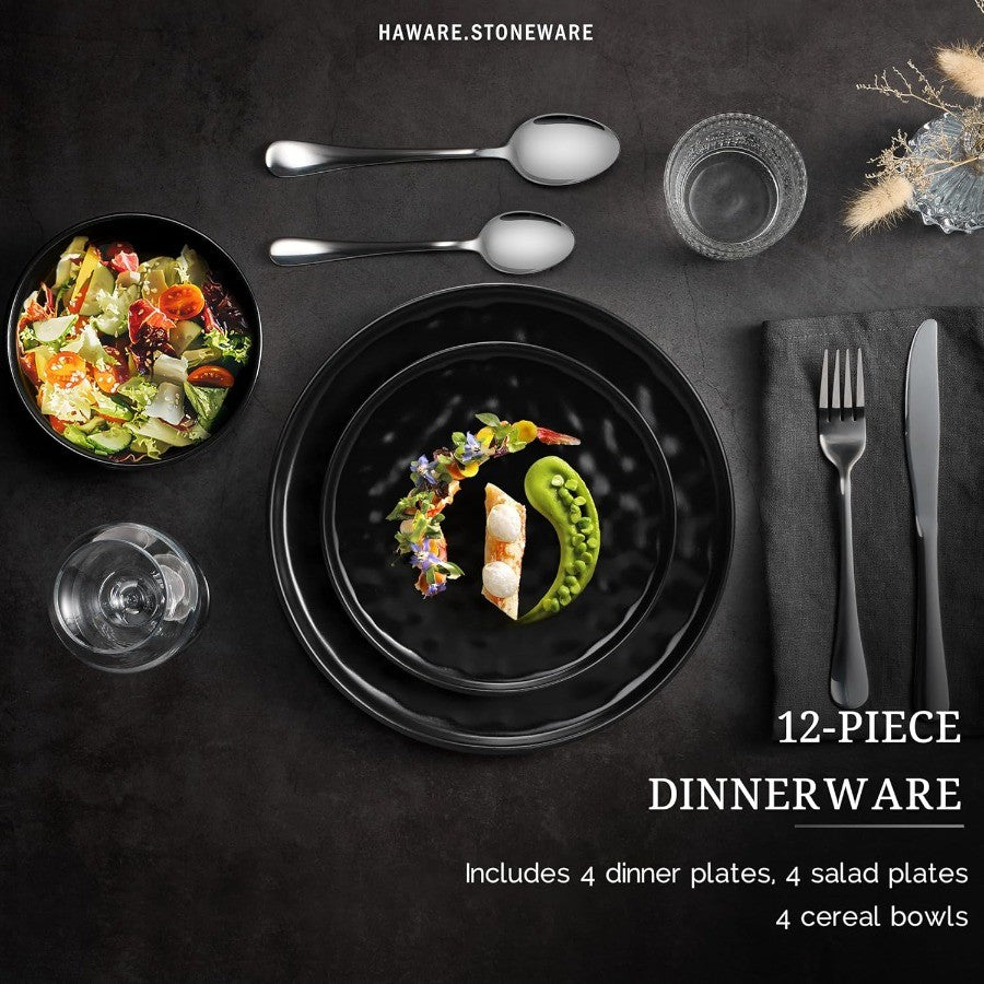 12Piece Stoneware Dinnerware Set for 4 People with Plates and Bowls Matte Black Ceramic Tableware for Home Restaurant Use Chip