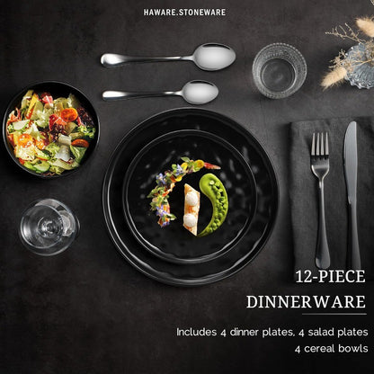 12Piece Stoneware Dinnerware Set for 4 People with Plates and Bowls Matte Black Ceramic Tableware for Home Restaurant Use Chip