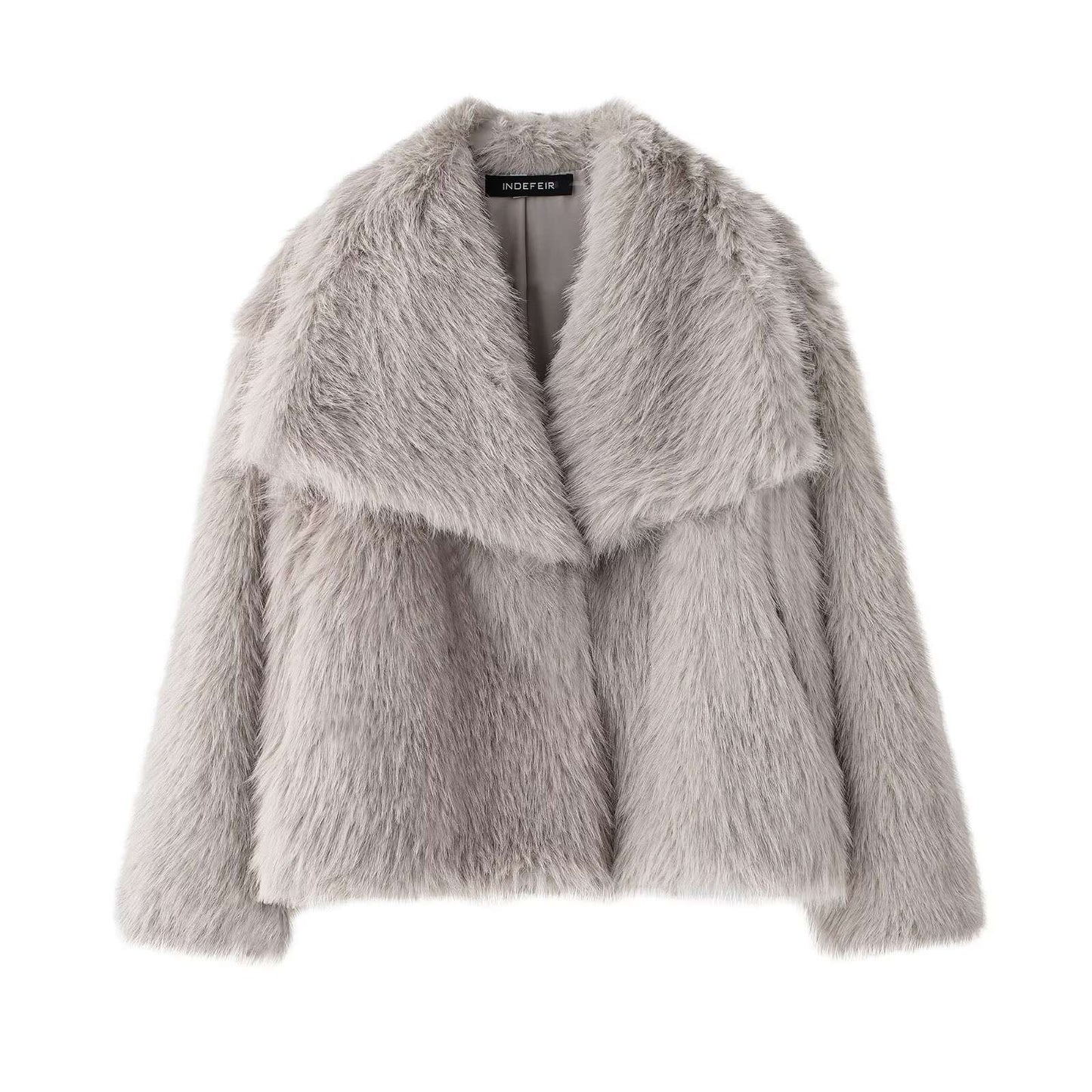 HH 2025 Vintage Women Cropped Faux Fur Jacket Long Sleeve Turn-Down Collar Female Plush Wool Coats Chic Lady Fur Outerwear