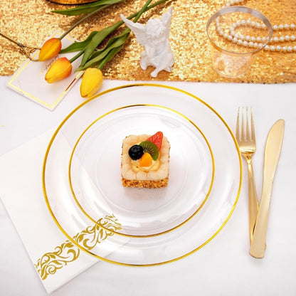 350PCS Clear and Gold Plastic Plates Gold Disposable Plastic Dinnerware Set for 50 Guests Include 100 Plastic Plates 150 Gold C