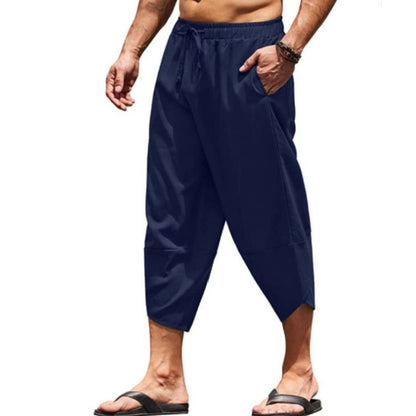 Calças Capri Masculinas de Verão Cor Sólida Shorts Harem Masculinos com Elástico na Cintura Cordão Calças Cropped 3/4 Folgadas
