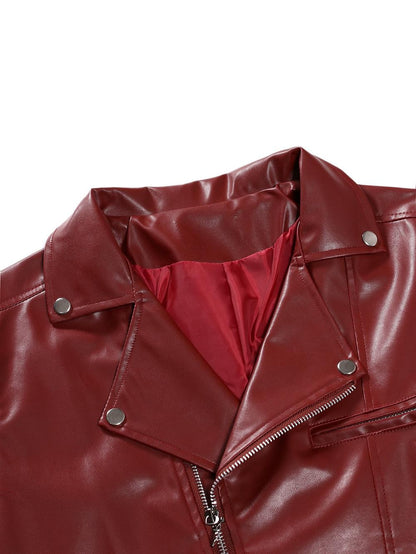 Men's Motorcycle PU Leather Jacket Fashionable Solid Color Slim Fit Zipper Long Sleeved Lapel Leather Jacket Men's Clothing