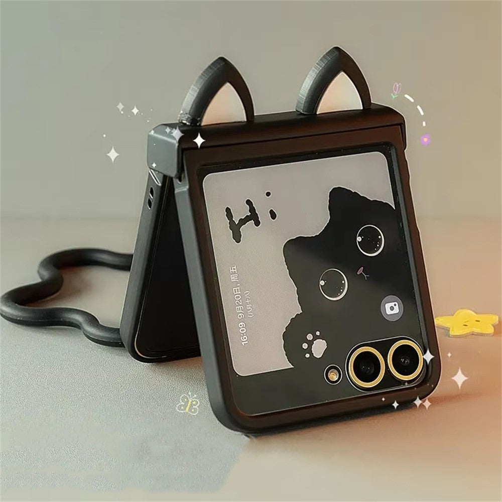 Capa de celular preta com orelhas de gato fofas Coreia Japão para Motorola Razr 60 50 Ultra Razr 40 Ultra para Samsung Galaxy Z Flip 7/6/5/4/3