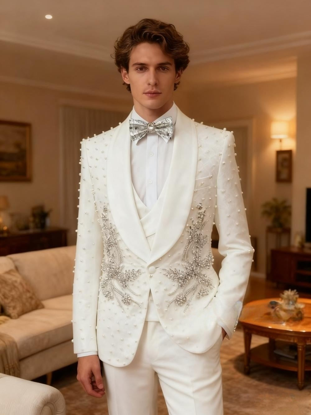 White Luxurious Pearls Suit Set 3 Pieces For Men Wedding Groom Sets Elegant Shawl Lapel Men's Suits Dancing Wear Party Tuxedo