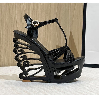 2022 New High Heels Women Pumps Thick Platform Buckle Strap Nightclub Shoes Catwalk Model Show 14.5CM Hollow Out Wedge Sandals