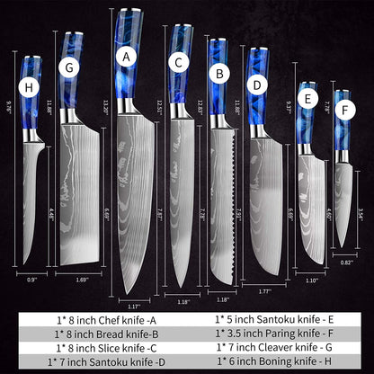 Faca de Cozinha Japonesa Chef 1-10 Peças Conjunto 7CR17 Aço Inoxidável 440C Desenho Damasco Cutelo de Carne Fatiador Santoku Ferramentas de Cozinha