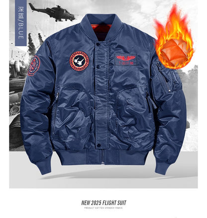 Unisex Winter Thicken Warm Bomber Jacket Air Force Style Flight Parkas Coat with Cotton Embroidery Casual Outwear for Men