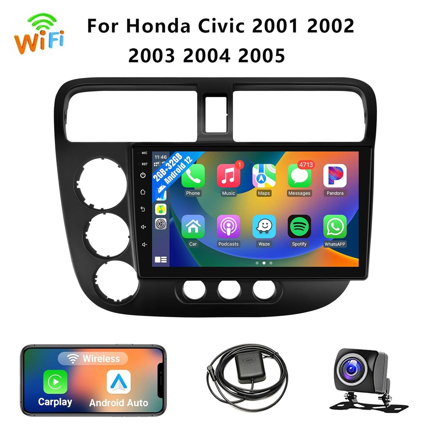 9" Wireless Car Radio for Honda Civic 2001-2005 HD Touchscreen CarPlay Android Auto Car Video Player with GPS WiFi Backup Camera