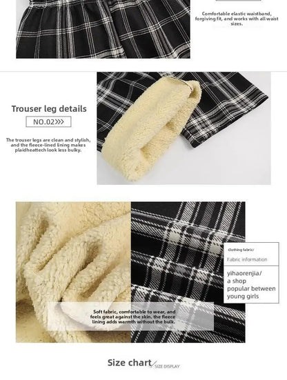 Lamb Velvet Fleece Lined Plaid Wide Leg Pants High Waist Straight Cut Winter New Casual Trousers for Women Korean Style