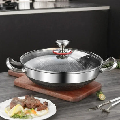 32cm Panela de Fritura em Aço Inoxidável 304, Antiaderente de Grau Alimentício, Fundo de Panela Tipo Colmeia, Panela Wok de Uso Geral para Fogão a Gás e de Indução