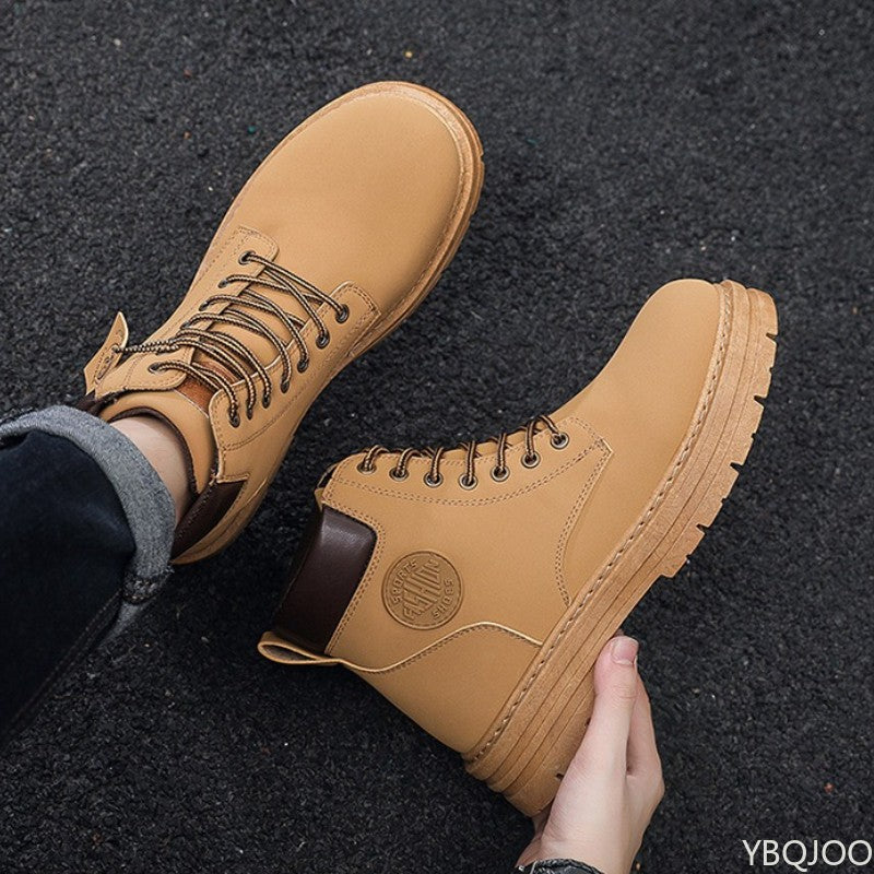 Bota Masculina Cano Alto Aumento de Altura Sola Grossa Primavera Outono Tamanho Grande Tendência Nicho Versátil Antiderrapante Bota Curta