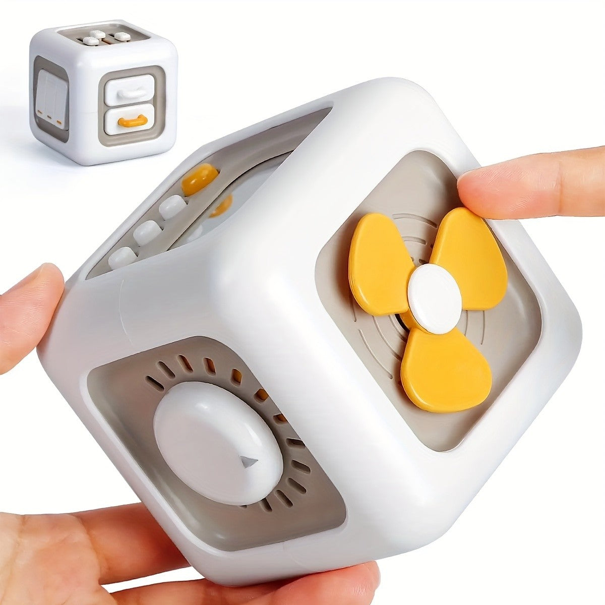 6-in-1 Busy Cube Toy for Baby - Enhances Fine Motor Skills & Early Learning, White with Yellow Accents, Montessori Puzzle Toy