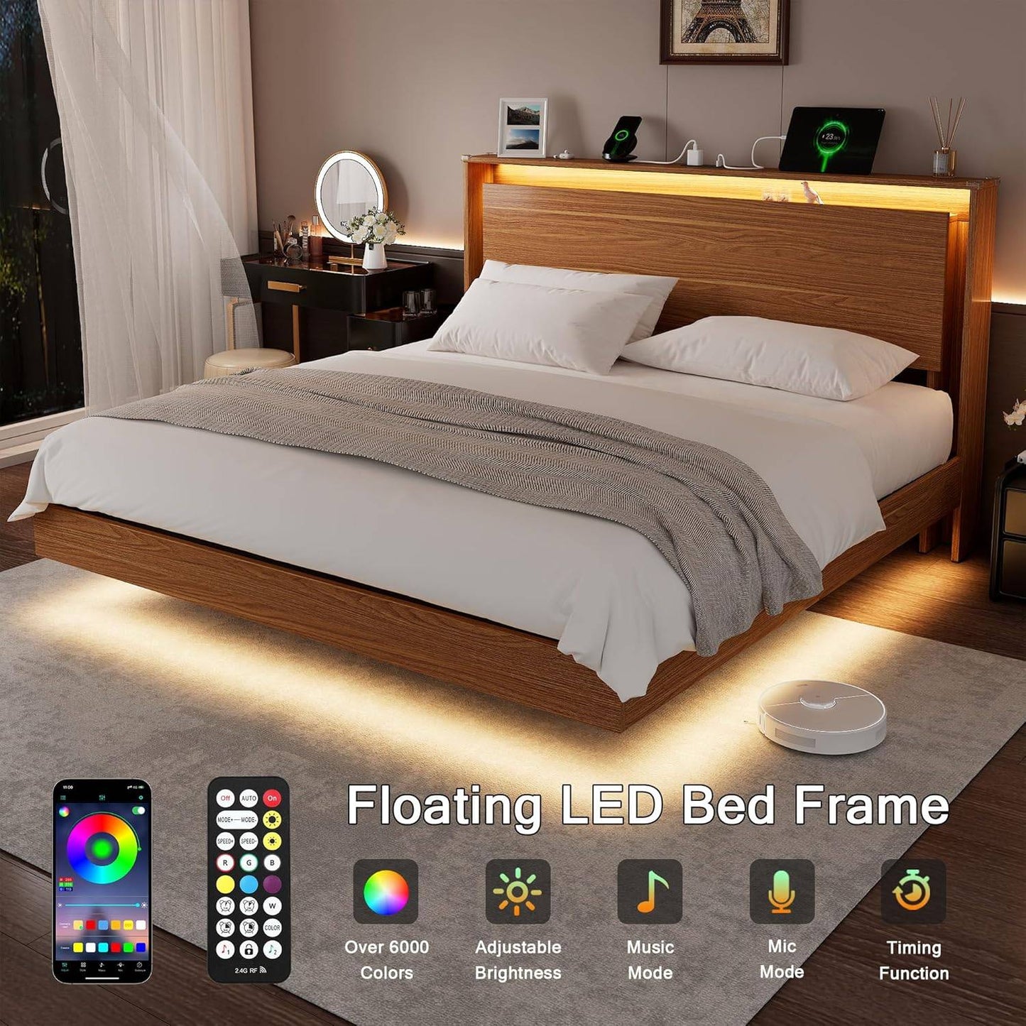 Cama Box King Size com LED e Estação de Carregamento – Estrutura Flutuante de Madeira com Cabeceira Armazenadora, Estrados Adesivos