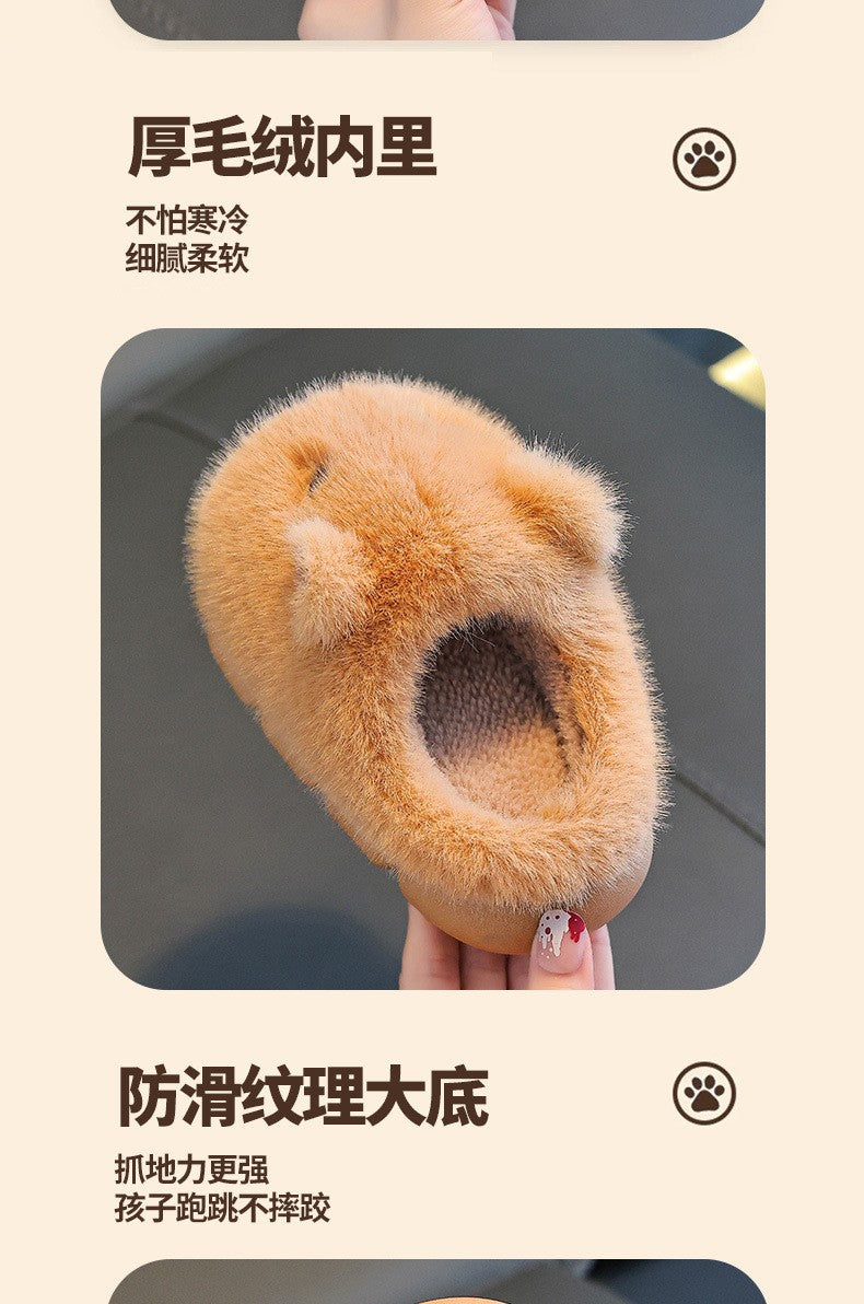 Capybara Children Slippers 2025 Winter New Cute Fluffy Cotton floor shoes woman Warm Indoor Cartoon Plush Floor Home Slippers