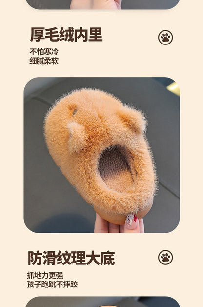 Capybara Children Slippers 2025 Winter New Cute Fluffy Cotton floor shoes woman Warm Indoor Cartoon Plush Floor Home Slippers