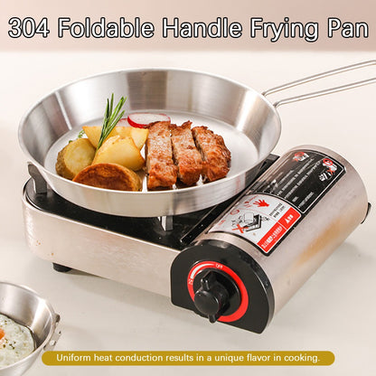 304 stainless steel frying pan, cooking utensil, camping, portable, foldable handle, outdoor, steak frying, flat bottom pan