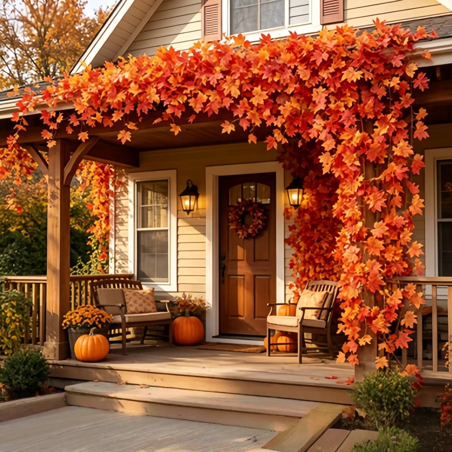 Autumn Faux Maple Leaf Vine Garland with Lights LED Thickened Maple Vine And Durable, Reusable Suitable Thanksgiving, Halloween