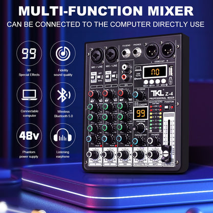 Mesa de áudio TKL 4 canais 99 DSP com alimentação fantasma 48V, mixers de som USB de estúdio, console de mixagem Bluetooth DJ para karaokê