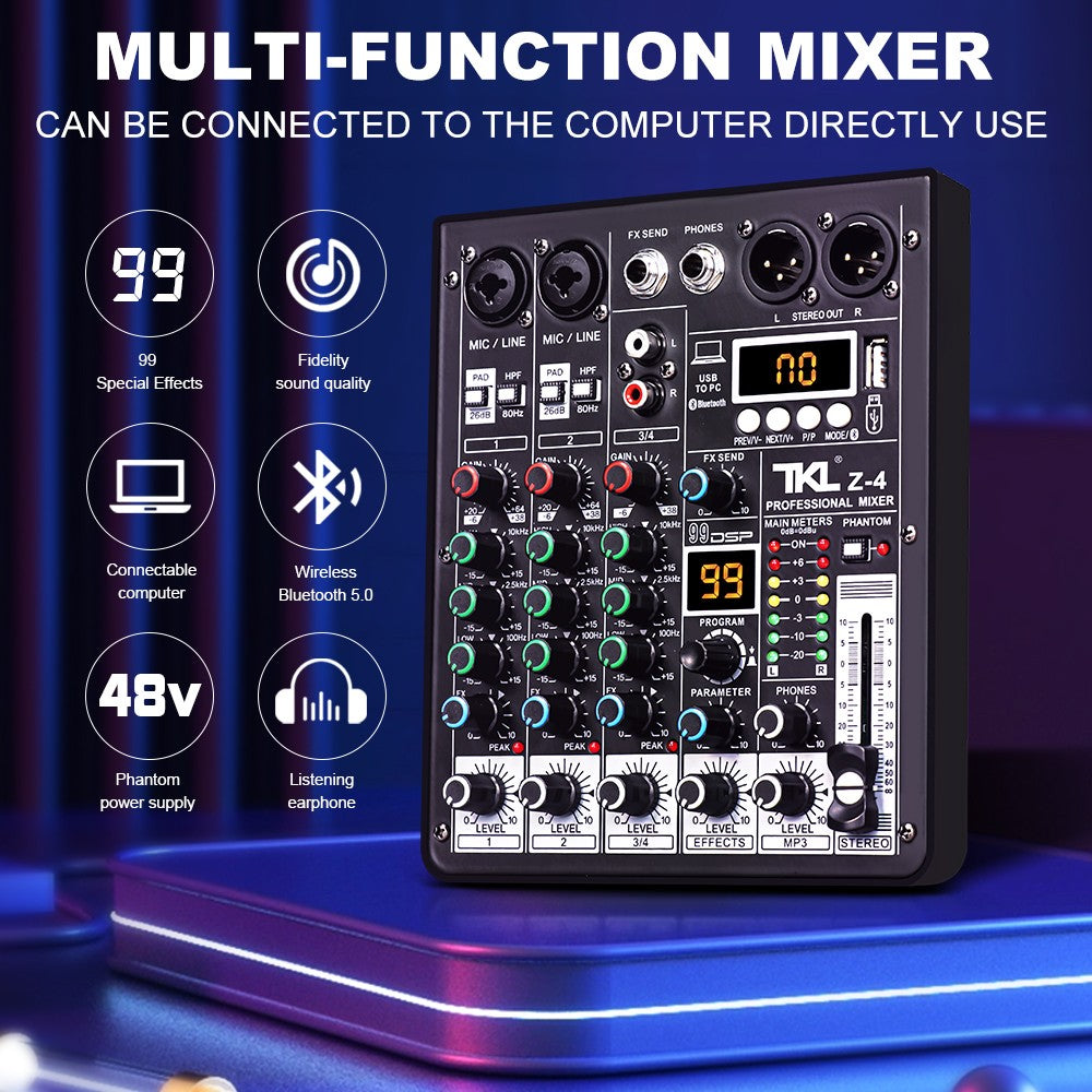 Mesa de áudio TKL 4 canais 99 DSP com alimentação fantasma 48V, mixers de som USB de estúdio, console de mixagem Bluetooth DJ para karaokê