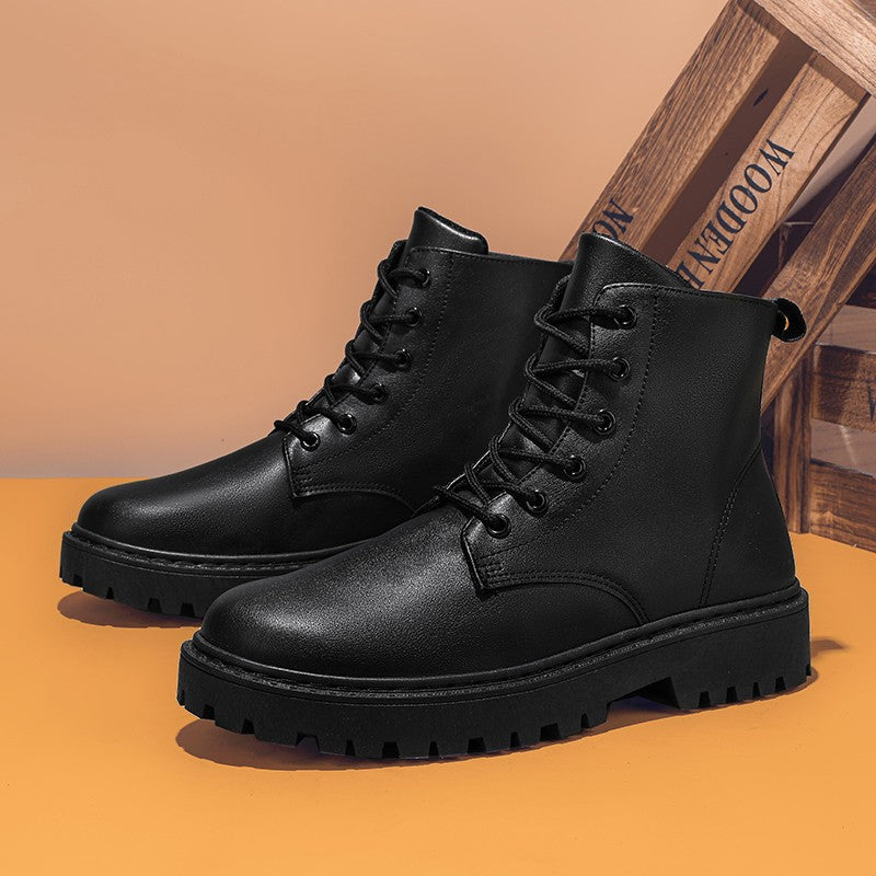 Men Black Leather Boots New British Style High Top Fashion Work Boots Outdoor Street Fashion Chelsea Men Shoes Comfortable Short