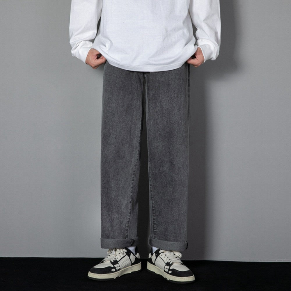 Korean Solid Colors Men's Casual Long Jeans Classic Man Four Seasons Straight Denim Wide-leg Pants Light Blue Grey Black 3XL