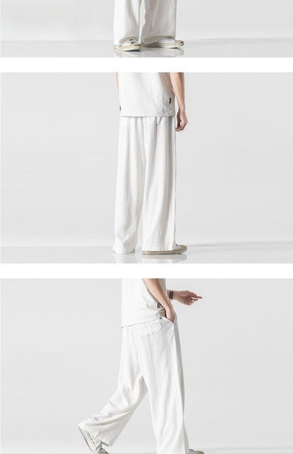 Summer Large Size Linen Cotton Wide Leg Pants Men Casual Comfortable Loose Fit Straight Leg Trousers Long Pants