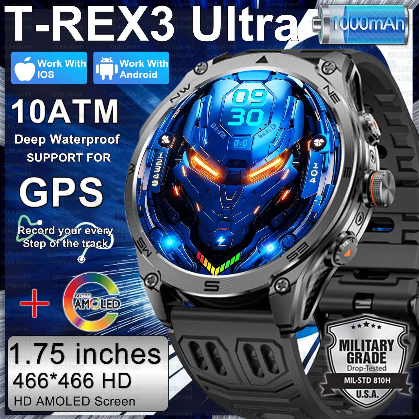 Novo Smartwatch Militar 2026 Bateria de 1000mAh Rastreamento GPS Bússola 10ATM À Prova D'água Tática Esportivo Lanterna Chamada HD Smartwatch Masculino
