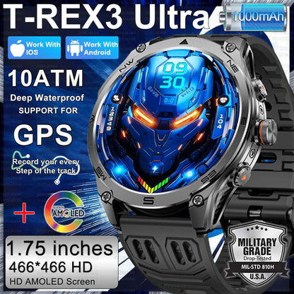 Novo Smartwatch Militar 2026 Bateria de 1000mAh Rastreamento GPS Bússola 10ATM À Prova D'água Tática Esportivo Lanterna Chamada HD Smartwatch Masculino