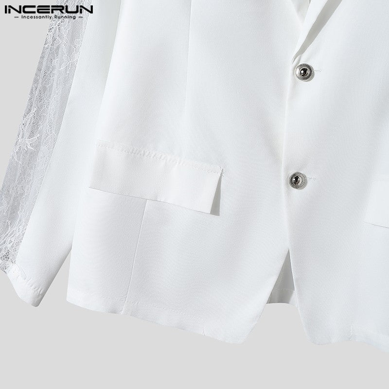INCERUN Tops 2024 American Style Fashion Mens Perspective Lace Splicing Design Suit Coats Casual Solid Long Sleeved Blazer S-5XL