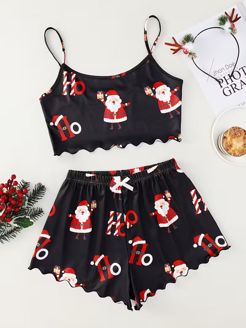 Women's Sleepwear Soft Christmas Festival Cute Gingerbread Print 2 Pieces Pajama Set Crop Tops and Shorts Loungewear