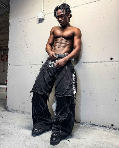 Elixir X Cozy Detachable Jeans Retro Punk Streetwear Ziipper Patchwork Stripe Denim Pants Men Black Baggy Hip Hop Splicing Jeans