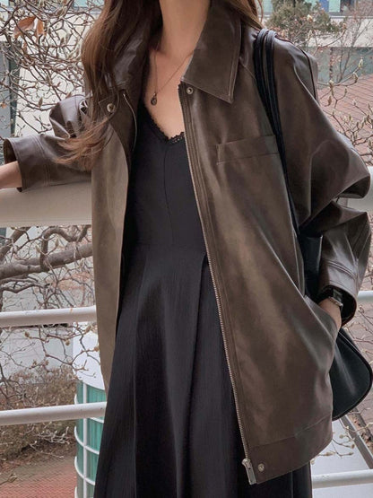 Sli Loose PU Leather Jaet Women's Chic Retro Collar Versatile BF Sle Motorcycle Clothes Trendy Long Sve Zipper