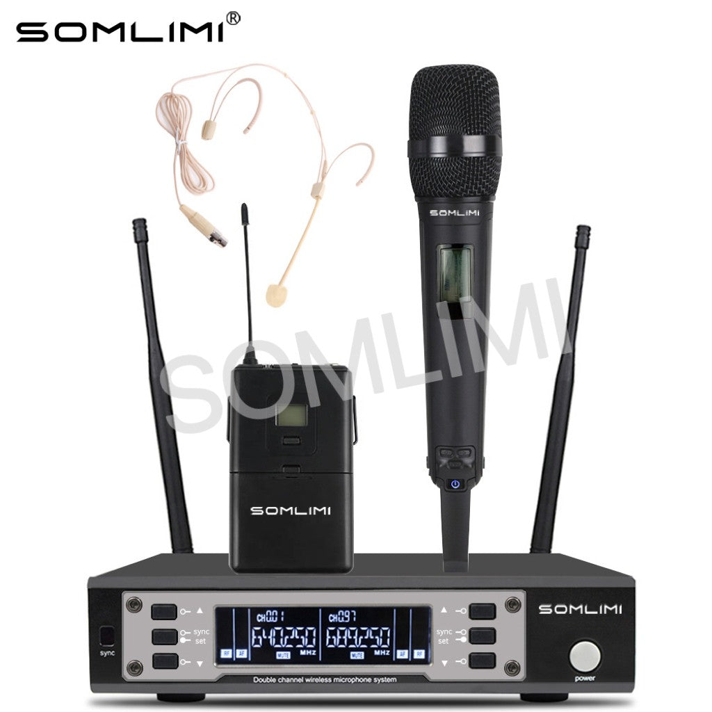 SOMLIMI EW135G4 Sistema de Microfone Sem Fio Duplo UHF Profissional para Palco Desempenho Dinâmico de Longa Distância Metal Portátil