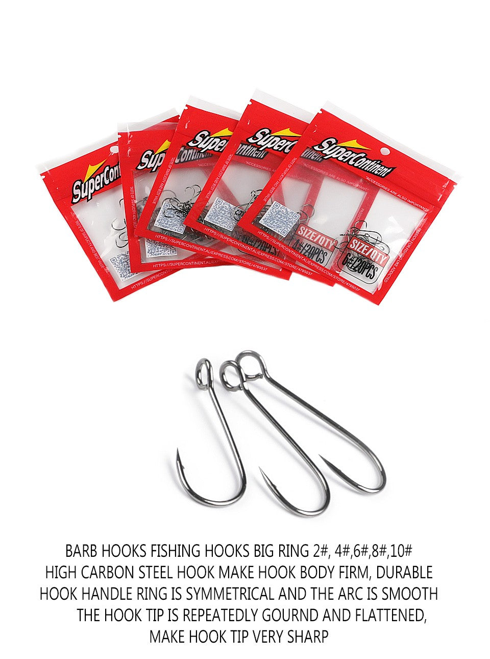 Supercontinent Barb Hook Fishing hook big ring Carbon Steel Single Hooks tackle  Worm Hooks With big eyes Ring 20pcs