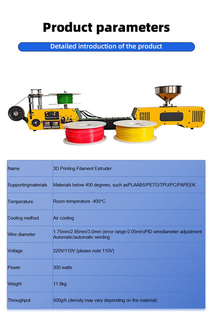 Extrusora de Filamento 3D HT400 Fabricante de Filamento para Impressora 3D Extrusora Automática de Consumíveis de Mesa para Filamento de Impressão 3D PLA PETG PA ABS