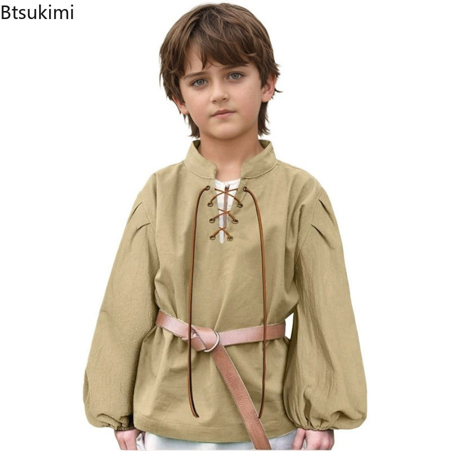 Boys Medieval Pirate Shirt Kids Renaissance Lace up Halloween Scottish Jacobite Ghillie Costume Tops Viking Colonial Costume Top