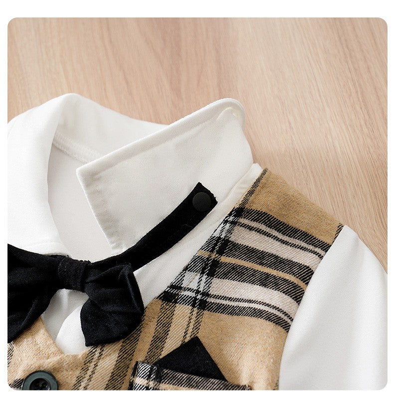 Newborn Baby Boy Clothes white baby onesie with khaki check print One-piece Vest gentleman's spring and autumn pajamas