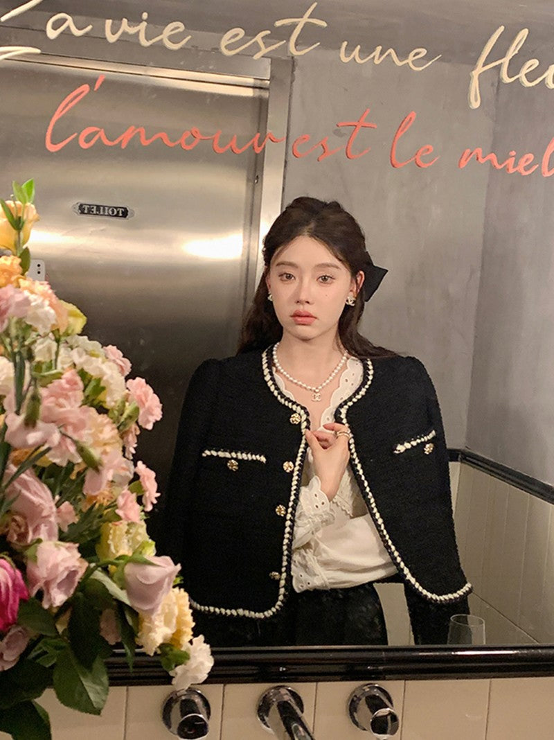 Vintage Cropped Tweed Jackets Women Elegant Black Thicken Coat Korean Single Breasted Blazer Casual Warm Short Outerwear Tops