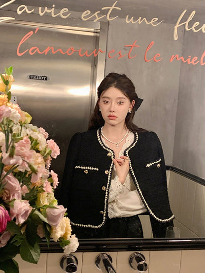 Vintage Cropped Tweed Jackets Women Elegant Black Thicken Coat Korean Single Breasted Blazer Casual Warm Short Outerwear Tops