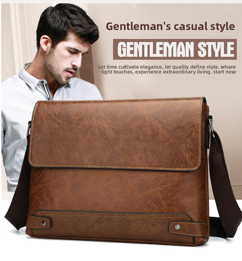 Men's Solid Color Retro Leather Shoulder Bag, Casual Business Messenger Bag Horizontal A4 Paper Travel Bag Briefcase Laptop Bag