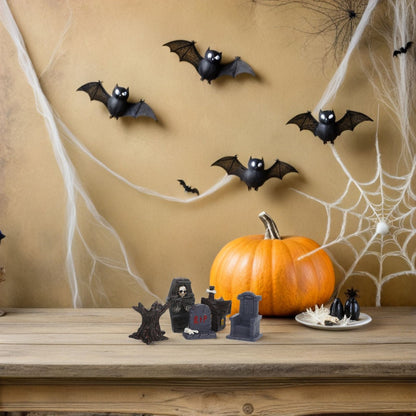 12pcs Mini Resin Figures Spooky Graveyard Decorations Miniature Tombstones Coffin Props For Indoor Outdoor Halloween Party