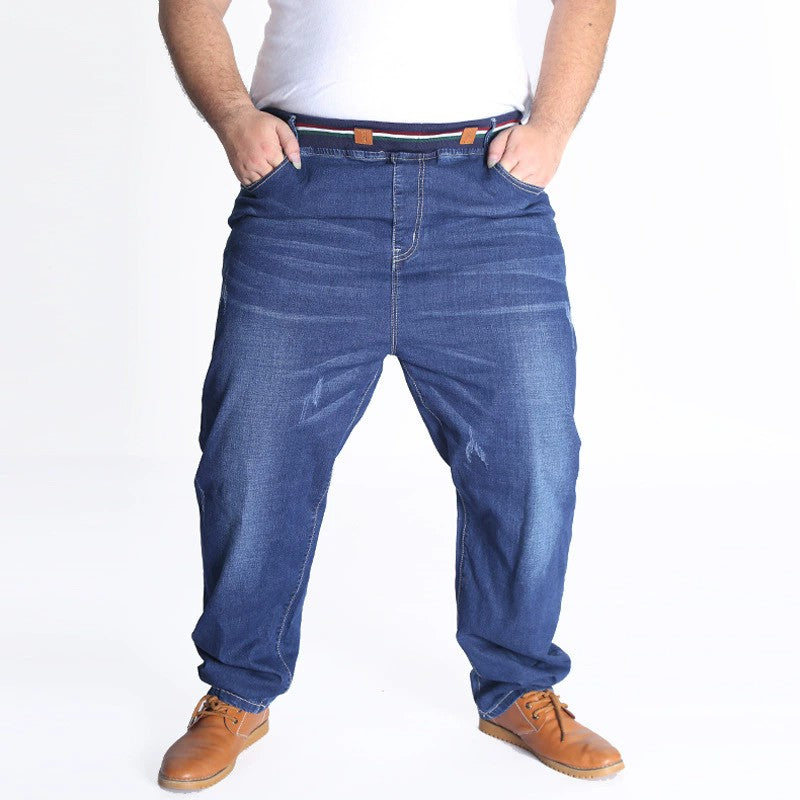 Autumn plus size casual jeans fashion men's pocket elastic waist straight plus size high elastic jeans.
