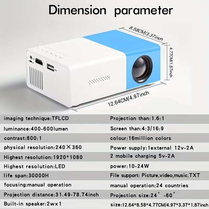 Supports HDMI, USB connection and uses high-definition projector YG300 home theater grade non occupying projector
