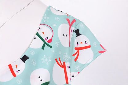 Fashion V-neck Short Sleeve Printed Christmas Dress Large Swing Vintage Elegant Xmas Party Dress