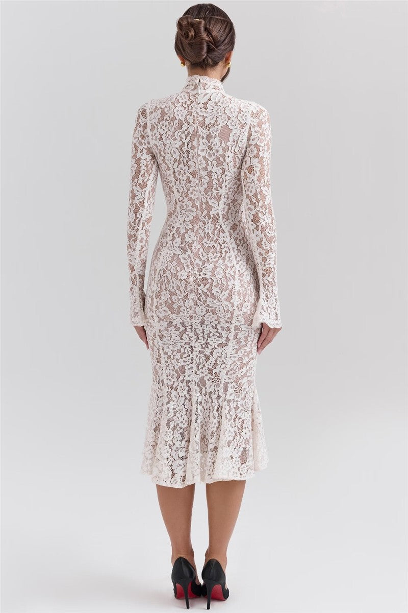 Mozision Lace Long Sleeve Sexy Midi Dress For Women Elegant White Half High Coll